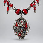 Gothic Spiked Fuzzy Leather Choker Set, Ornate Skeleton & Red Rose Cameo Pendant, Multi-Strand Blood Red Crystal Beaded Fringe Necklace, Dark Punk Macabre Statement Collar Jewelry Set