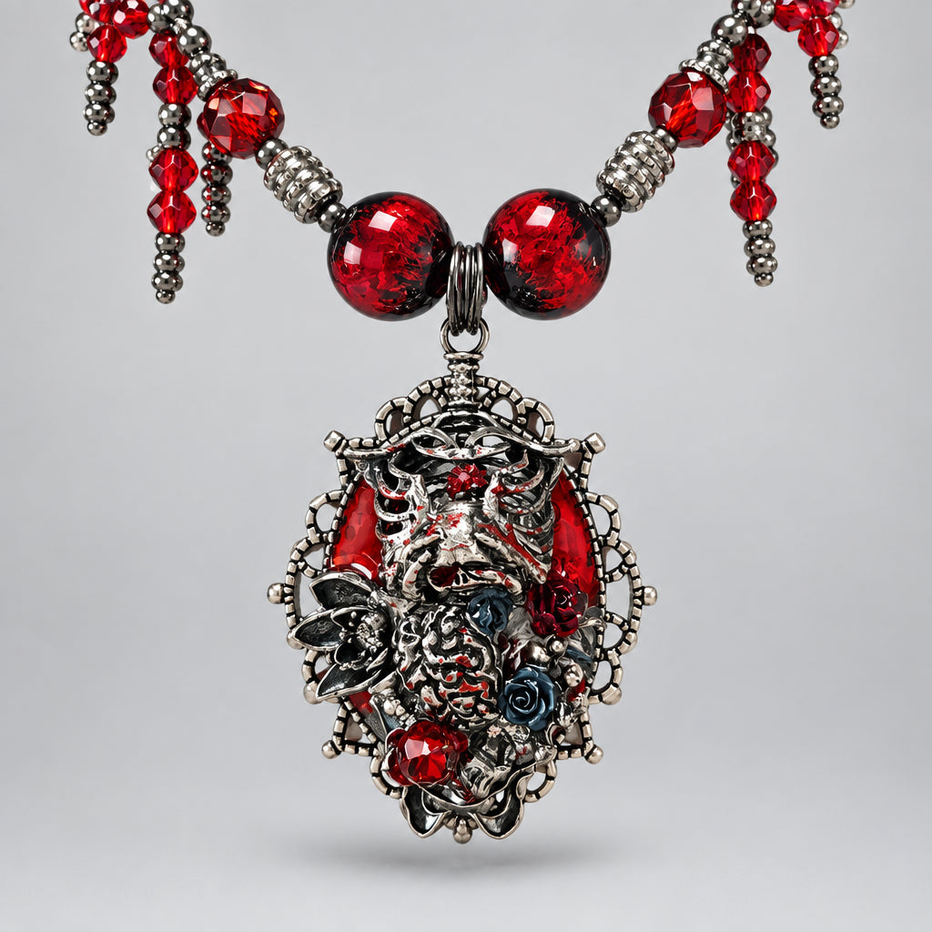 Gothic Spiked Fuzzy Leather Choker Set, Ornate Skeleton & Red Rose Cameo Pendant, Multi-Strand Blood Red Crystal Beaded Fringe Necklace, Dark Punk Macabre Statement Collar Jewelry Set