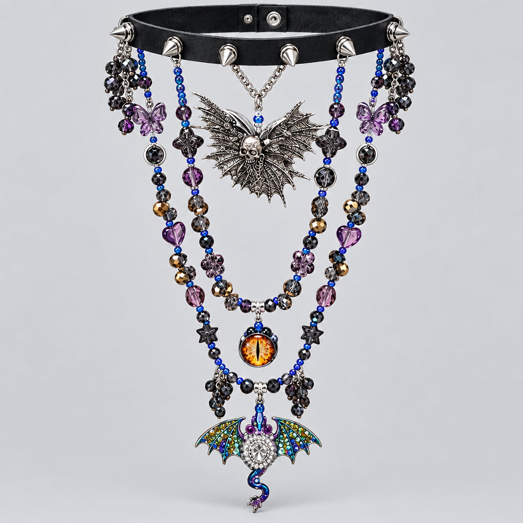 Gothic Spiked Leather Choker Set, Multi-Strand Iridescent Dragon & Winged Skull Pendant, Dragon Eye Cabochon, Purple Blue Crystal Beaded Statement Collar, Dark Fantasy Witchy Jewelry Set