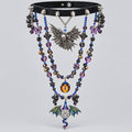Gothic Spiked Leather Choker Set, Multi-Strand Iridescent Dragon & Winged Skull Pendant, Dragon Eye Cabochon, Purple Blue Crystal Beaded Statement Collar, Dark Fantasy Witchy Jewelry Set