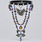 Gothic Spiked Leather Choker Set, Multi-Strand Iridescent Dragon & Winged Skull Pendant, Dragon Eye Cabochon, Purple Blue Crystal Beaded Statement Collar, Dark Fantasy Witchy Jewelry Set