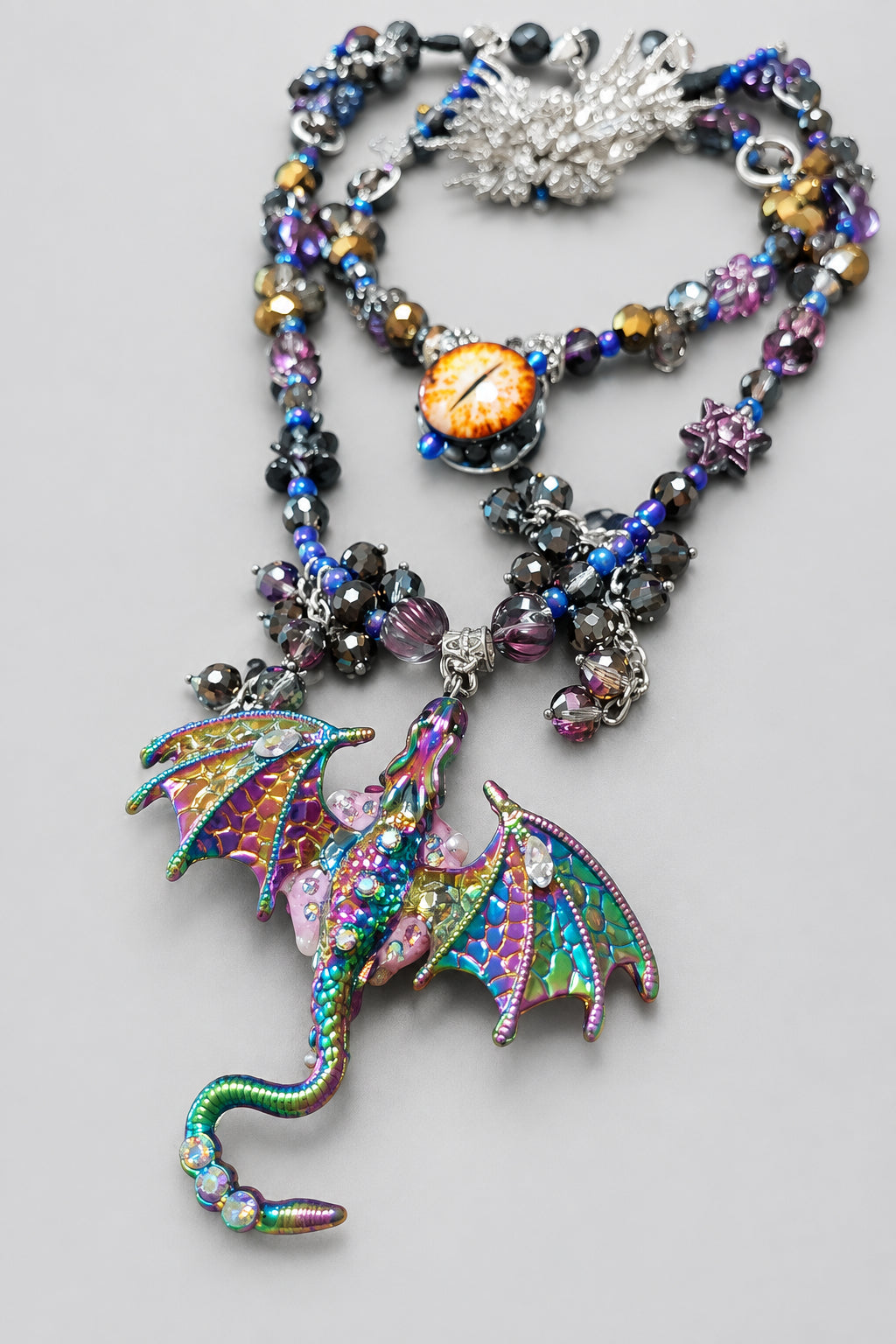 Gothic Spiked Leather Choker Set, Multi-Strand Iridescent Dragon & Winged Skull Pendant, Dragon Eye Cabochon, Purple Blue Crystal Beaded Statement Collar, Dark Fantasy Witchy Jewelry Set
