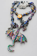 Gothic Spiked Leather Choker Set, Multi-Strand Iridescent Dragon & Winged Skull Pendant, Dragon Eye Cabochon, Purple Blue Crystal Beaded Statement Collar, Dark Fantasy Witchy Jewelry Set