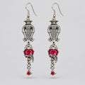 Gothic Antique Silver Harp Drop Earrings, Red Crystal Heart With Devil Wing Charm, Dark Punk Vintage Statement Dangle Earrings