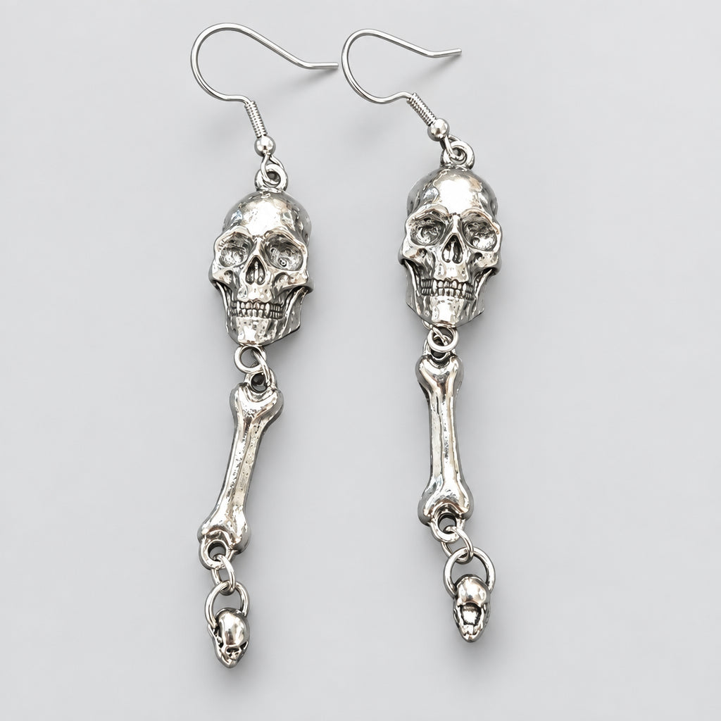 Gothic Antique Silver Skull & Bone Dangle Earrings, Skeleton Bone Drop Earrings, Dark Punk Death Statement Earrings for Alt Outfit