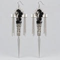 Gothic Antique Silver Medusa Cross Dangle Earrings, Black Rose Cobra Snake, Greek Goddess Column Tassel Chain & Spike Drop Earrings, Dark Punk Alt Statement Jewelry