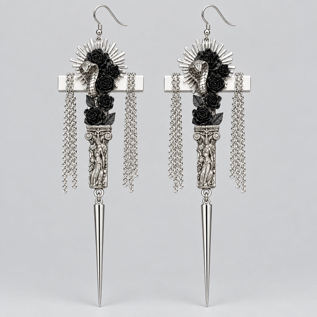 Gothic Antique Silver Medusa Cross Dangle Earrings, Black Rose Cobra Snake, Greek Goddess Column Tassel Chain & Spike Drop Earrings, Dark Punk Alt Statement Jewelry