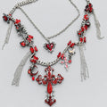 Red & Black Gothic Layered Cross Necklace, Vampire Heart Moon Tassel Statement Necklace