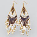 Handmade Seed Bead Fringe Tassel Earrings, Brown White Gold Tribal Beaded Dangle Earrings, Boho Statement Festival Jewelry