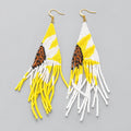 Handmade Seed Bead Fringe Dangle Earrings, Yellow White Brown Tribal Beaded Tassel Earrings, Boho Statement Festival Jewelry