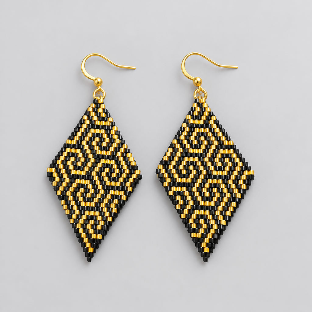 Handwoven Seed Bead Diamond Dangle Earrings, Black Gold Geometric Beaded Drop Earrings, Tribal Boho Statement Jewelry