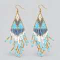 Handmade Seed Bead Triangle Fringe Dangle Earrings, Blue White Gold Tribal Beaded Tassel Earrings, Boho Statement Festival Jewelry