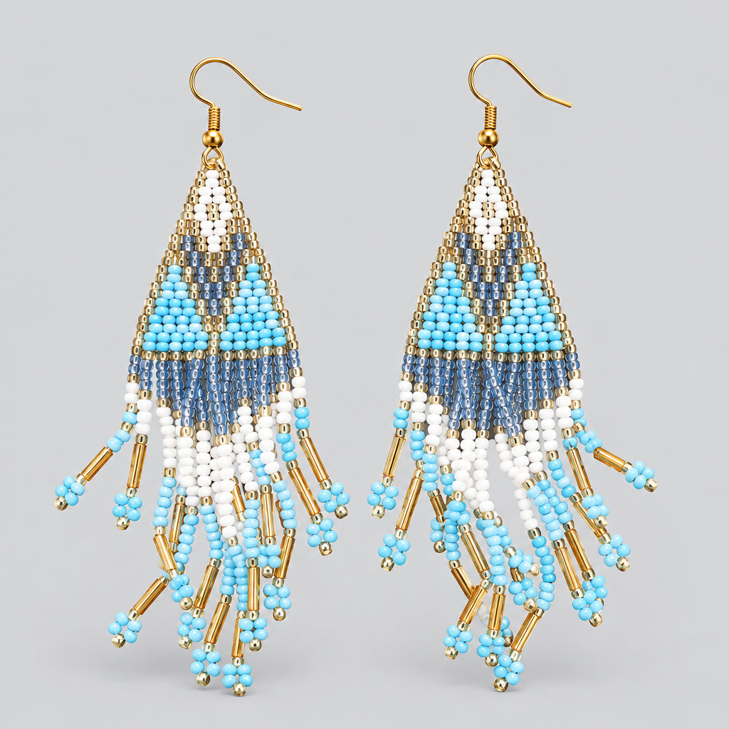 Handmade Seed Bead Triangle Fringe Dangle Earrings, Blue White Gold Tribal Beaded Tassel Earrings, Boho Statement Festival Jewelry