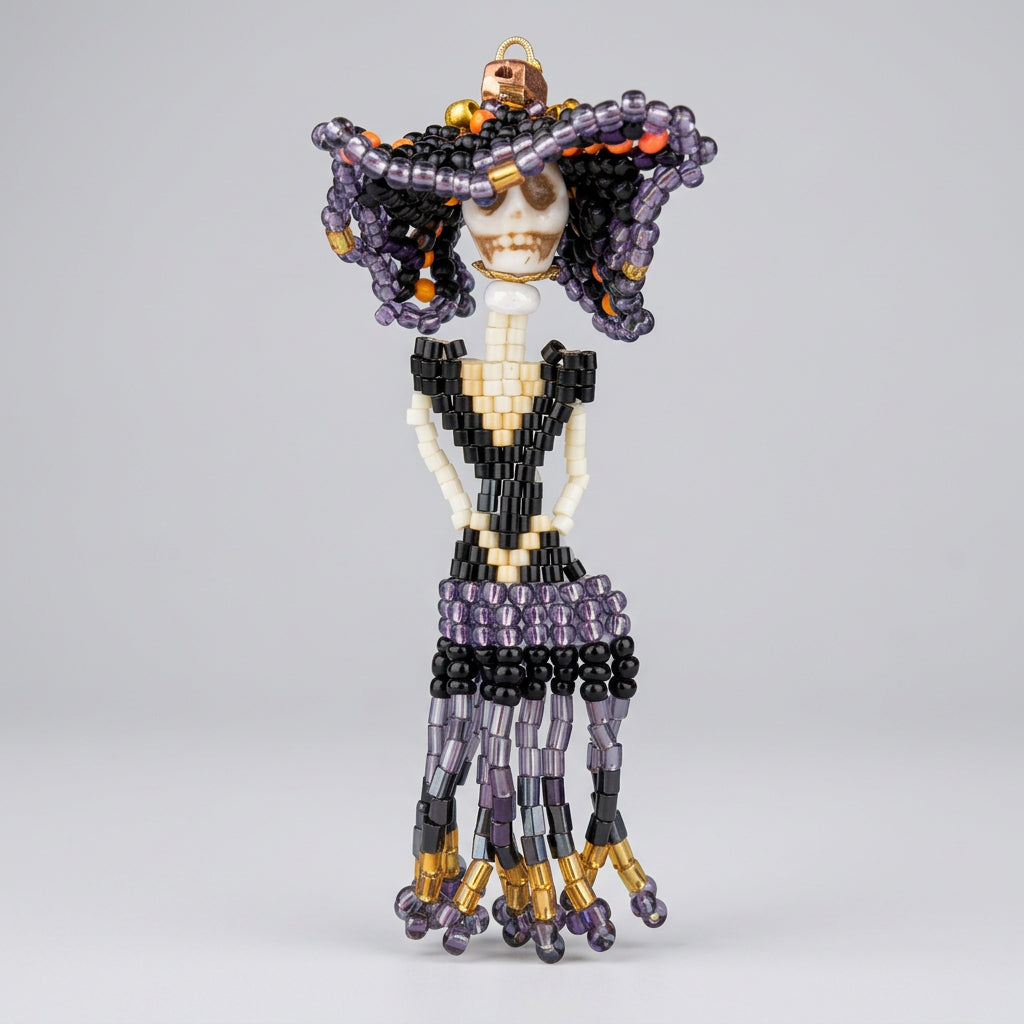Hand Beaded Skeleton Lady Bag Charm, Witchy Gothic Skull Doll Pendant | Halloween Accessory