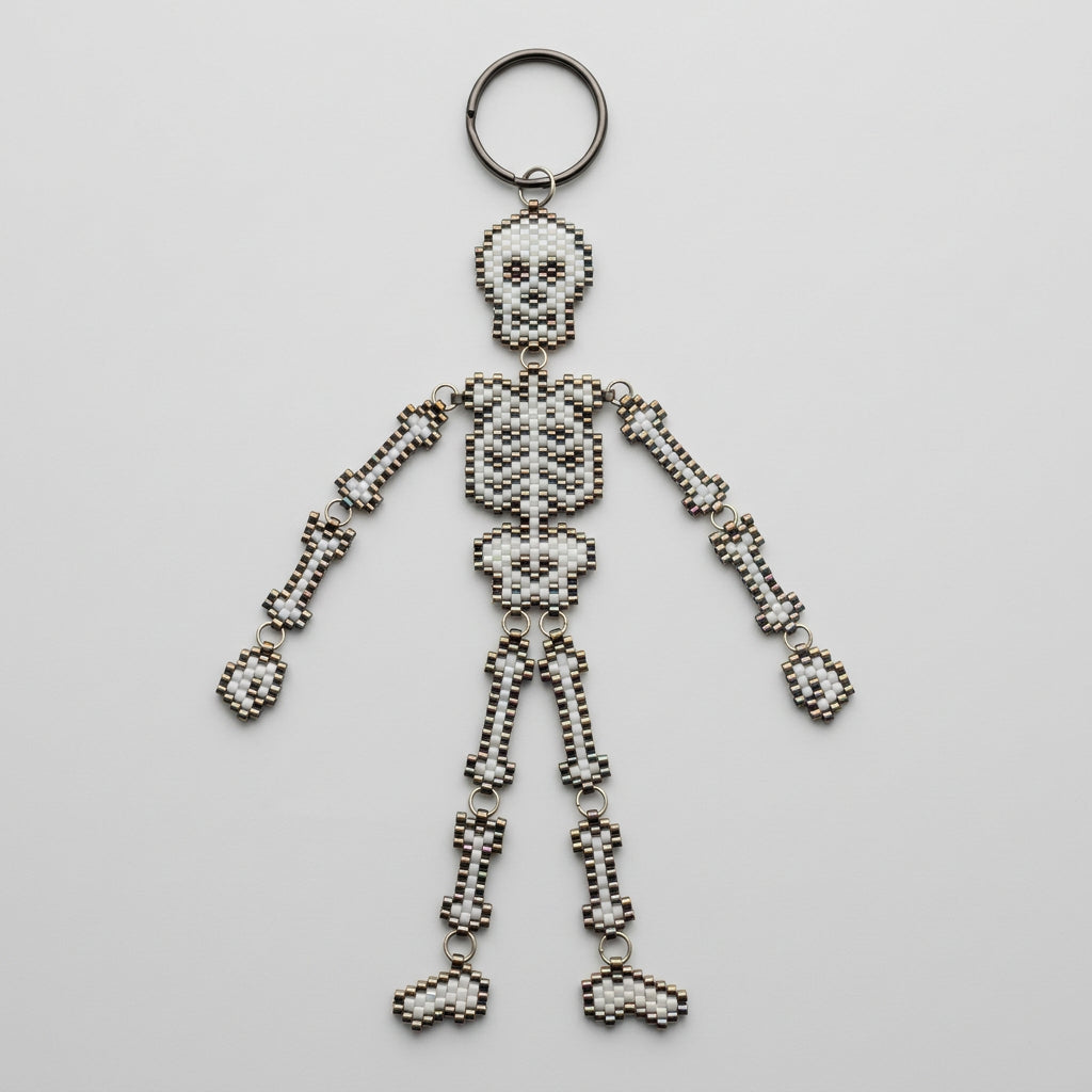 Hand Beaded Skeleton Keychain, Movable Joint Skull Skeleton Bag Charm | Dark Gothic Accessory