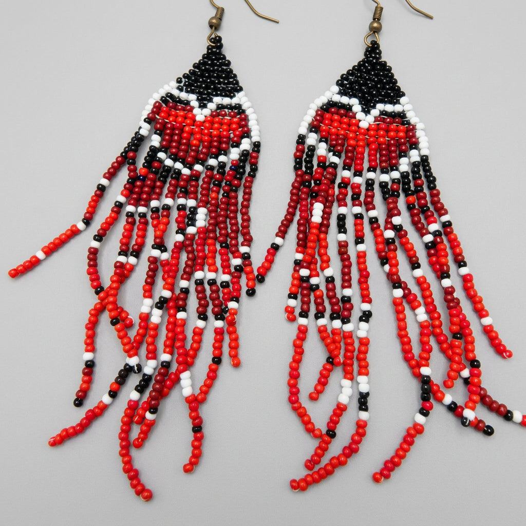 Handmade Red Black White Seed Bead Fringe Earrings | Boho Tribal Statement Jewelry