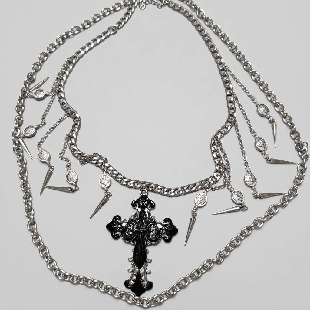 Multi Layer Gothic Ornate Cross Spike Necklace