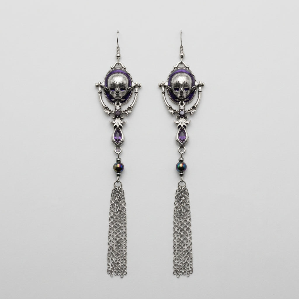 Gothic Cameo Baby Skull Long Tassel Dangle Earrings, Purple Crystal Dark Alt Statement Jewelry