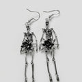 Gothic Full Skeleton Dangle Earrings, Black Lily Flower Movable Joint Skull Statement Jewelry