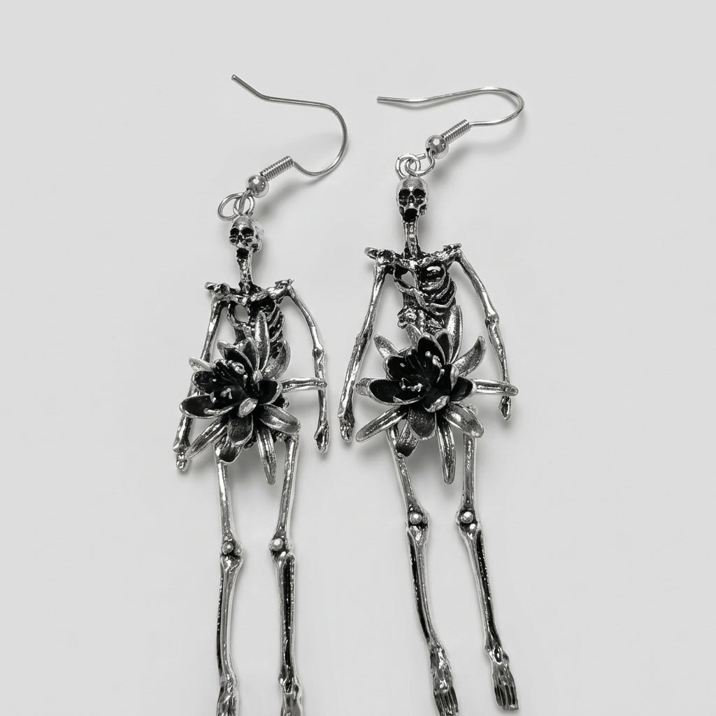 Gothic Full Skeleton Dangle Earrings, Black Lily Flower Movable Joint Skull Statement Jewelry
