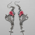 Gothic Harp Cross Dangle Earrings, Pink Rose Ornate Antique Silver Dark Romantic Statement Jewelry