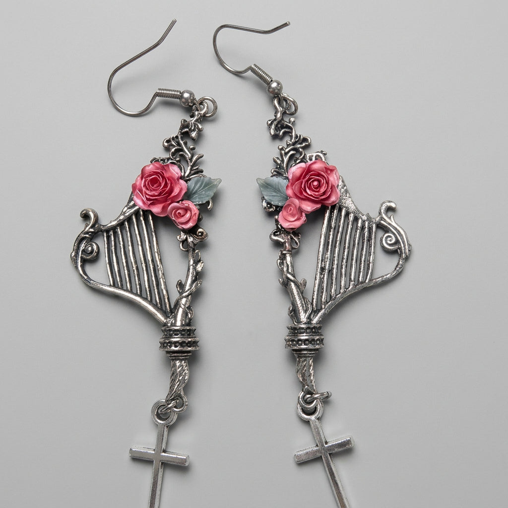 Gothic Harp Cross Dangle Earrings, Pink Rose Ornate Antique Silver Dark Romantic Statement Jewelry