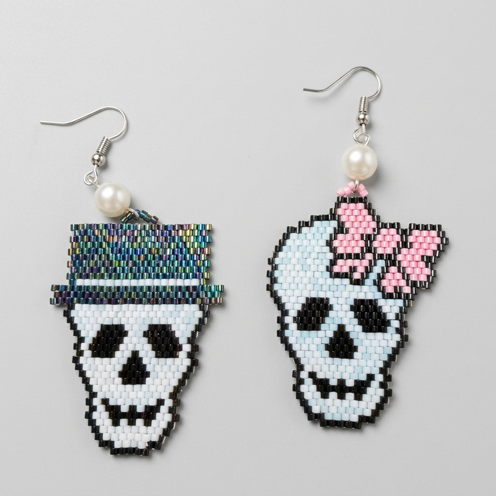 Pastel Beaded Skull Earrings, Handwoven Sugar Skull with Bow & Top Hat