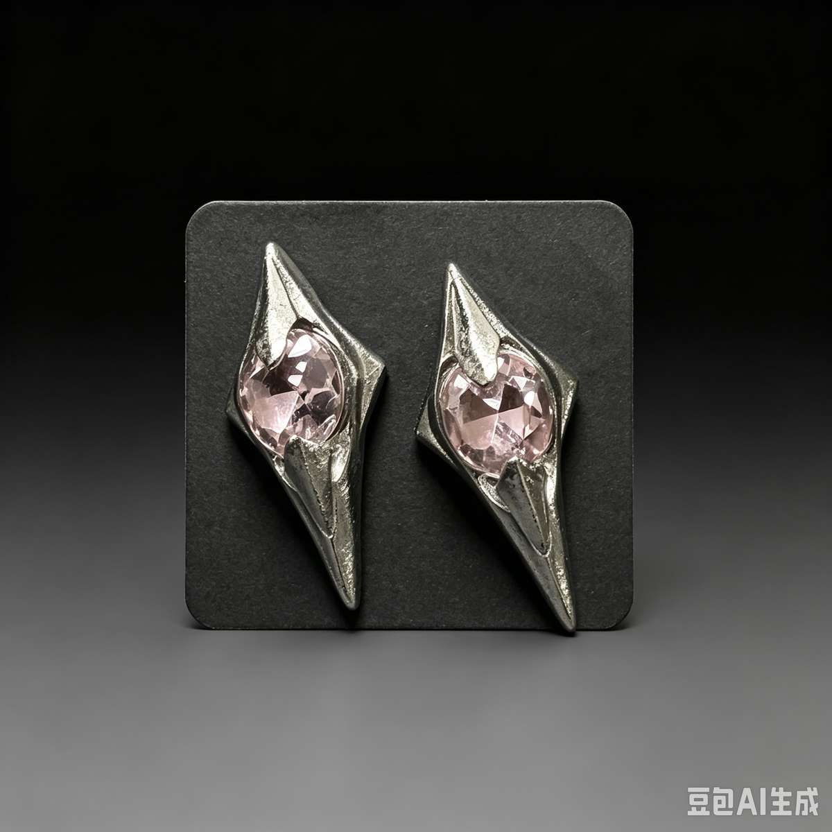 Handmade Gothic Spiked Pink Crystal Stud Earrings, Antique Silver Angular Blade Shape Pink Rhinestone Earrings, Dark Punk Alternative Statement Ear Jewelry