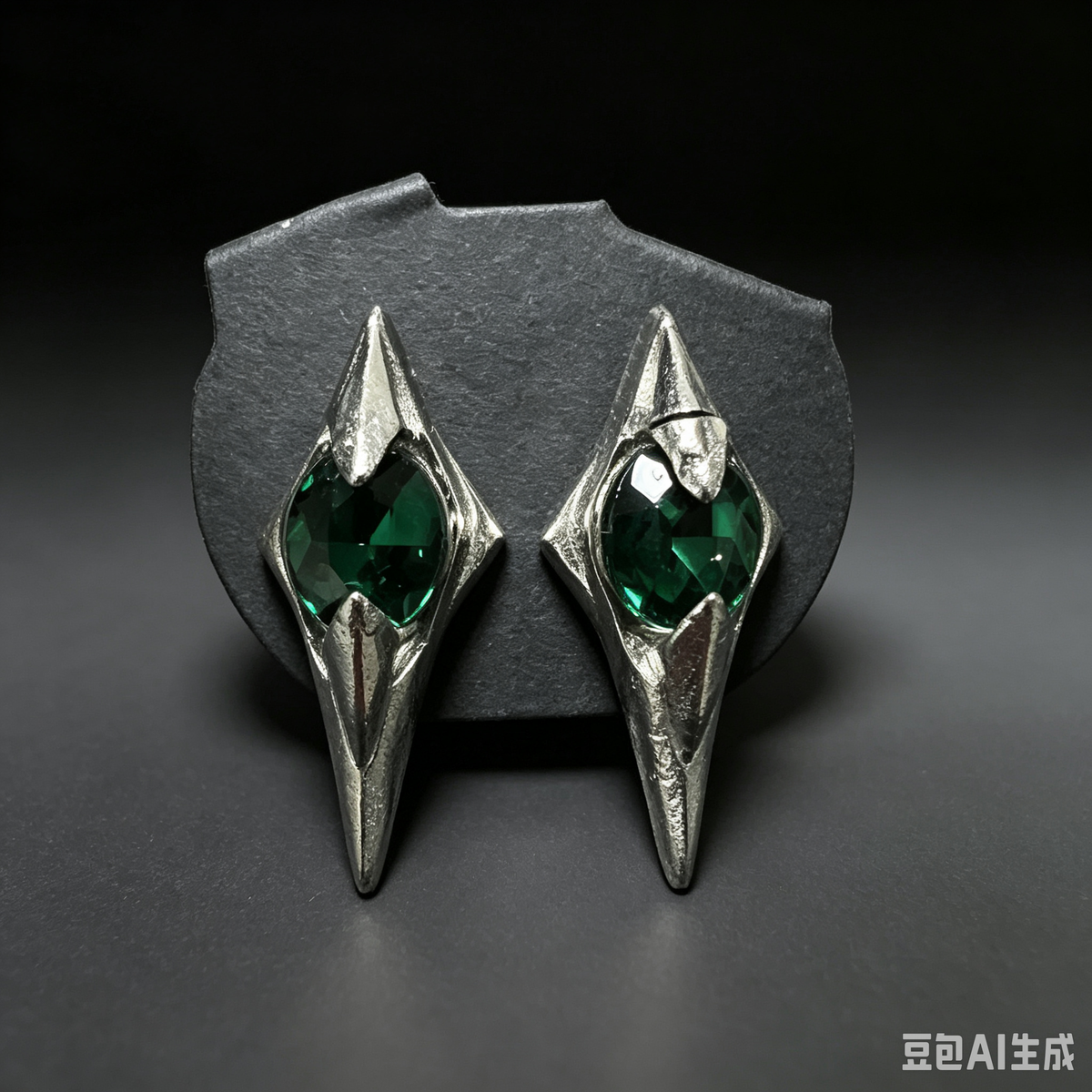 Handmade Gothic Spiked Emerald Green Crystal Stud Earrings, Antique Silver Angular Blade Shape Green Rhinestone Earrings, Dark Punk Alternative Statement Ear Jewelry