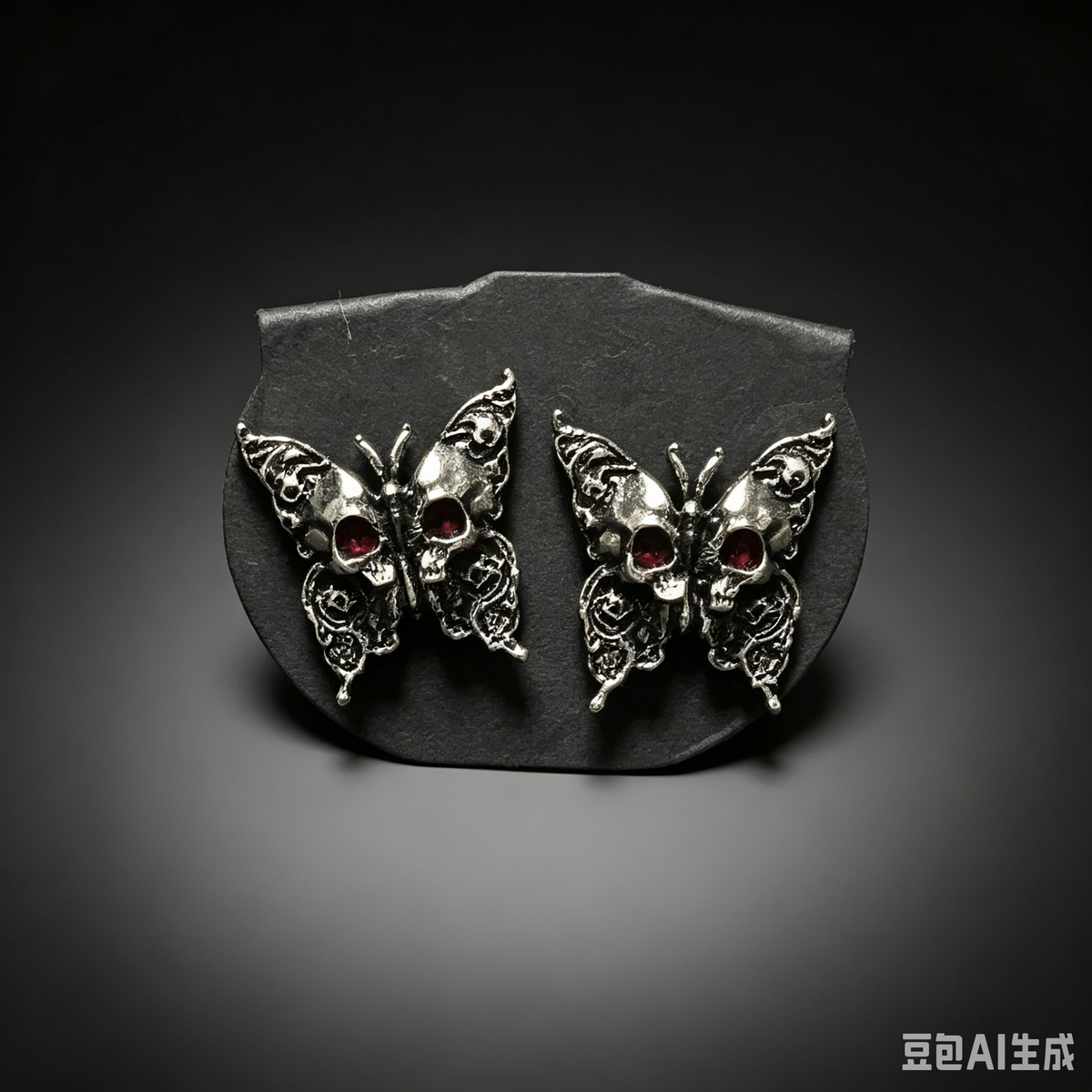 Handmade Gothic Skull Butterfly Stud Earrings, Antique Silver Filigree Butterfly with Skull & Red Gem, Dark Occult Alternative Statement Ear Jewelry