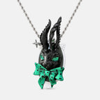 Black Rabbit Green Bow Pendant Necklace detail
