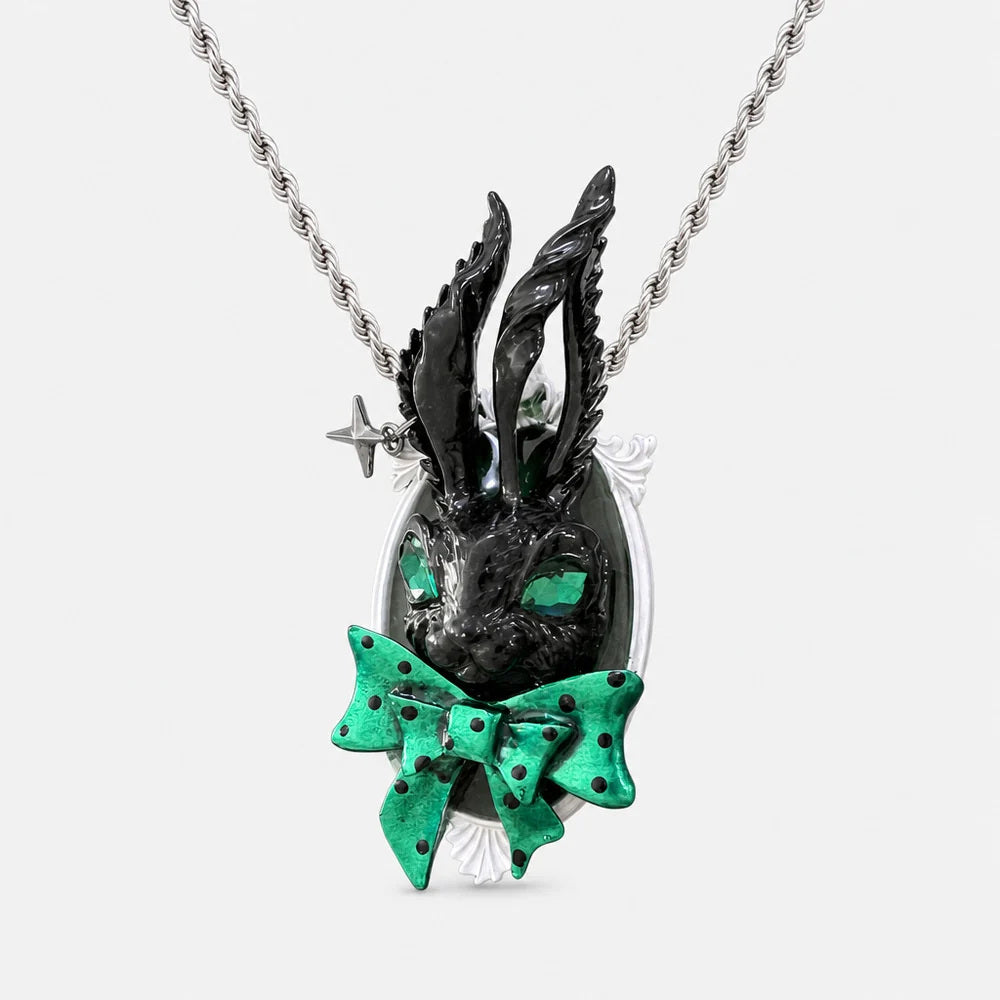 Black Rabbit Green Bow Pendant Necklace detail