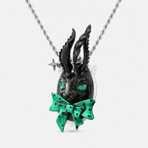 Black Rabbit Green Bow Pendant Necklace detail