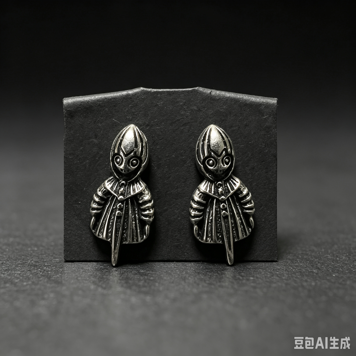 Handmade Gothic Plague Doctor Doll Stud Earrings, Antique Silver Creepy Hooded Figure Earrings, Dark Macabre Horror Alternative Statement Ear Jewelry