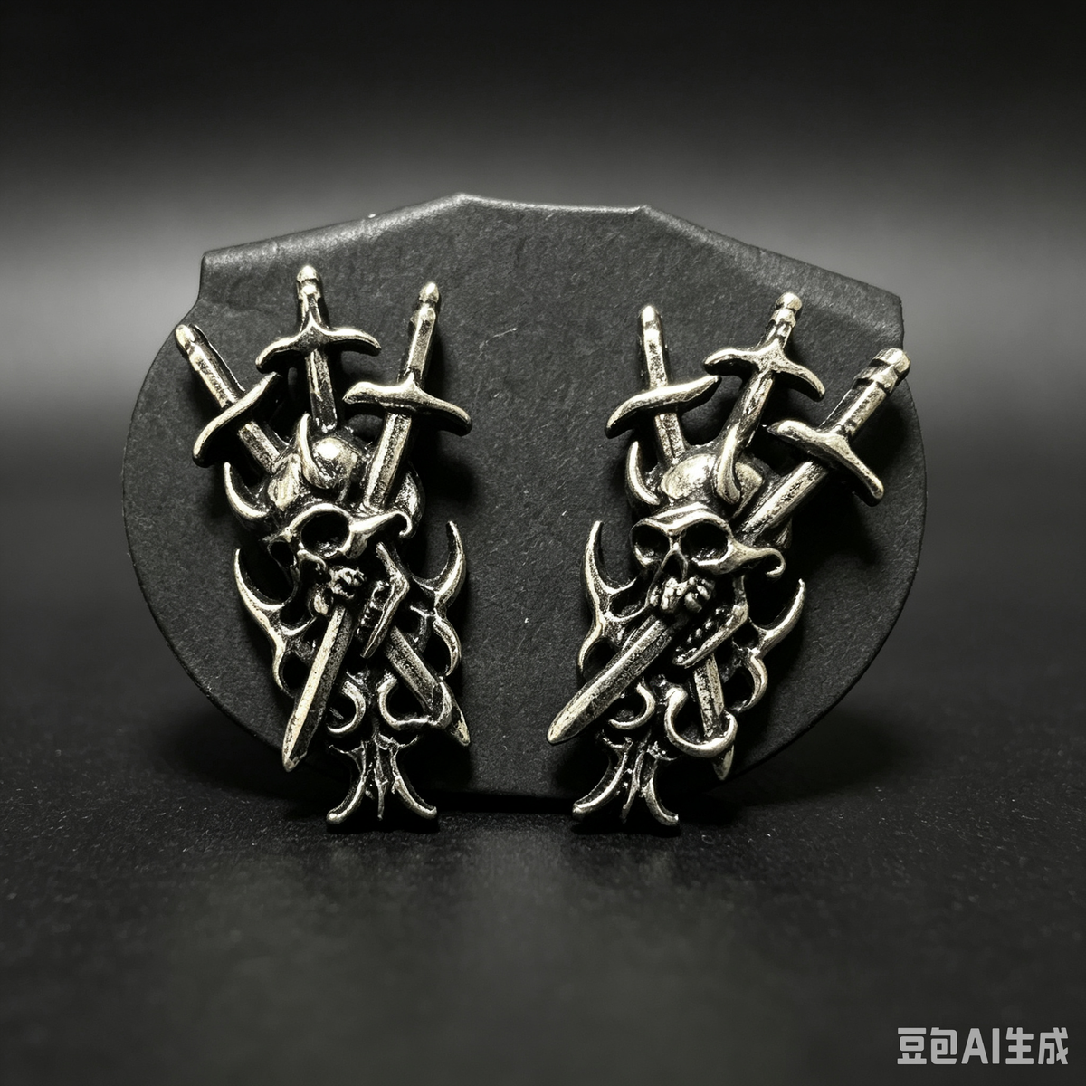 Handmade Gothic Skull Cross Swords Stud Earrings, Antique Silver Triple Dagger Skeleton Earrings, Dark Medieval Punk Alternative Statement Ear Jewelry