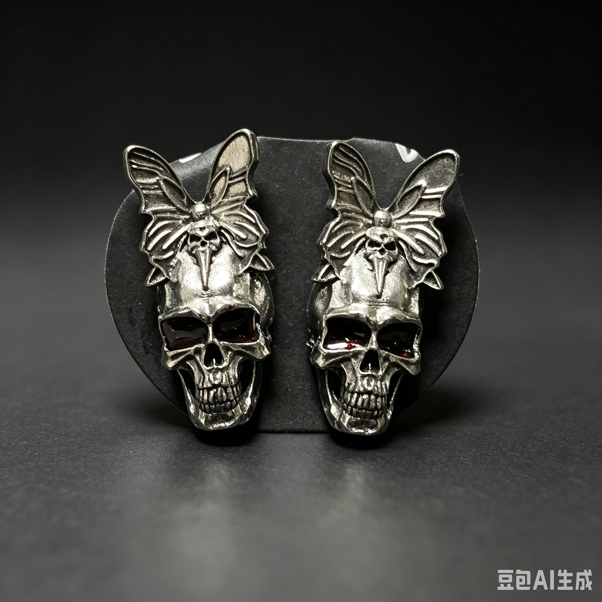 Handmade Gothic Butterfly Skull Stud Earrings, Antique Silver Skull with Butterfly & Red Eye Detail, Dark Macabre Punk Alternative Statement Ear Jewelry