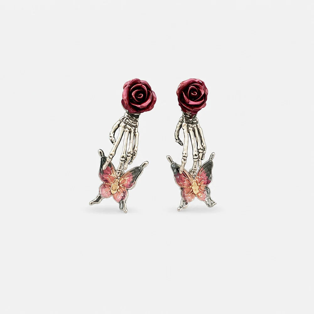 Rosa Skeleton Hand Butterfly Earrings detail