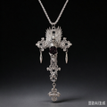 Handmade Gothic Winged Skull Black Rose Cross Necklace, Vintage Ornate Silver Cross Pendant with Gargoyle & Dangle Charms, Dark Punk Alternative Statement Jewelry