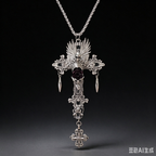 Handmade Gothic Winged Skull Black Rose Cross Necklace, Vintage Ornate Silver Cross Pendant with Gargoyle & Dangle Charms, Dark Punk Alternative Statement Jewelry