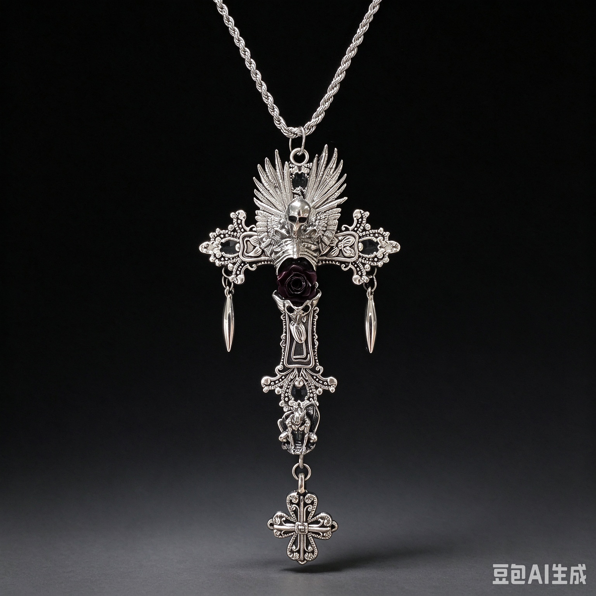 Handmade Gothic Winged Skull Black Rose Cross Necklace, Vintage Ornate Silver Cross Pendant with Gargoyle & Dangle Charms, Dark Punk Alternative Statement Jewelry