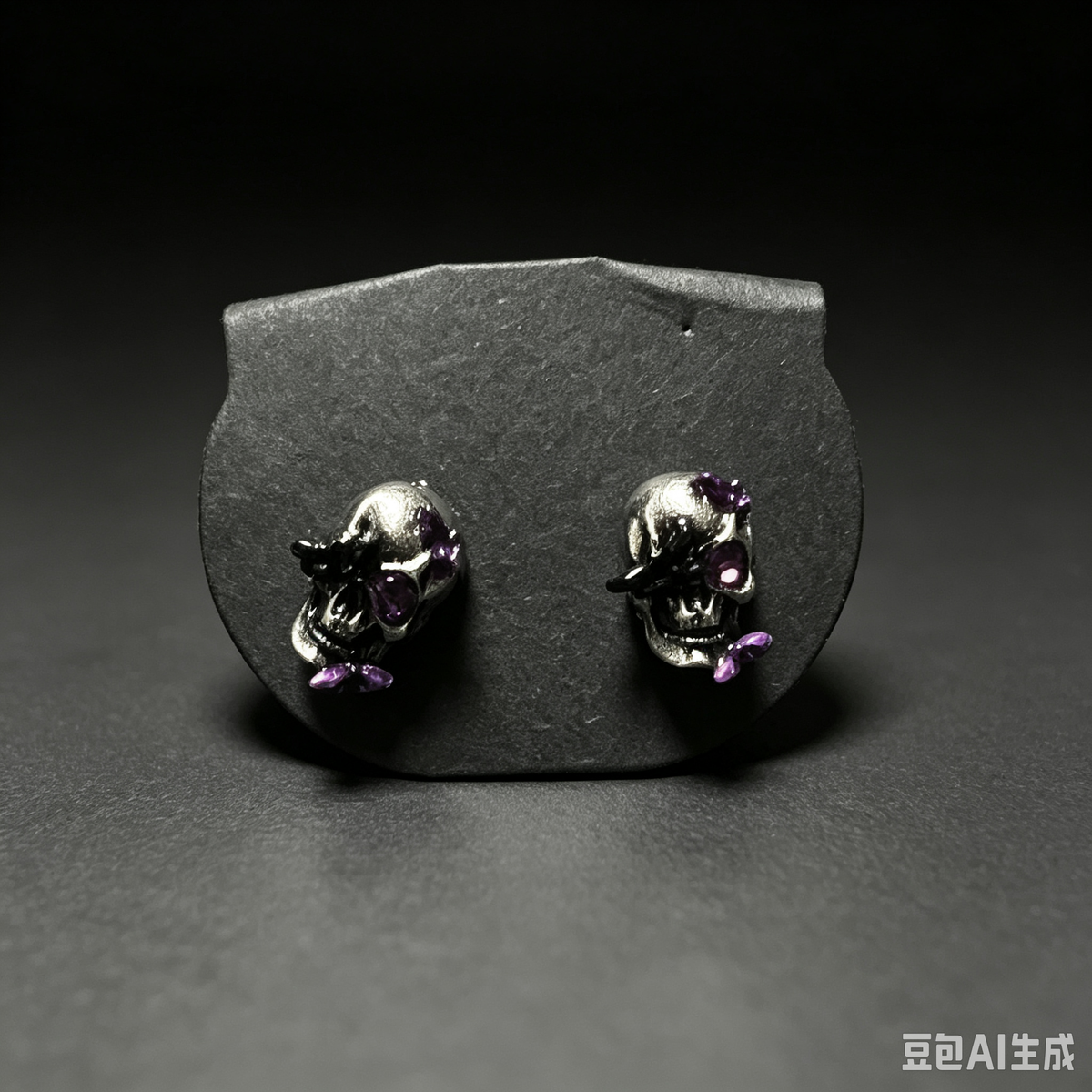 Handmade Gothic Skull Stud Earrings, Antique Silver Skeleton with Black Butterfly & Purple Rhinestones, Dark Punk Alternative Statement Ear Jewelry