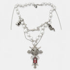Pearl Chain Skull Angel Cross Necklace