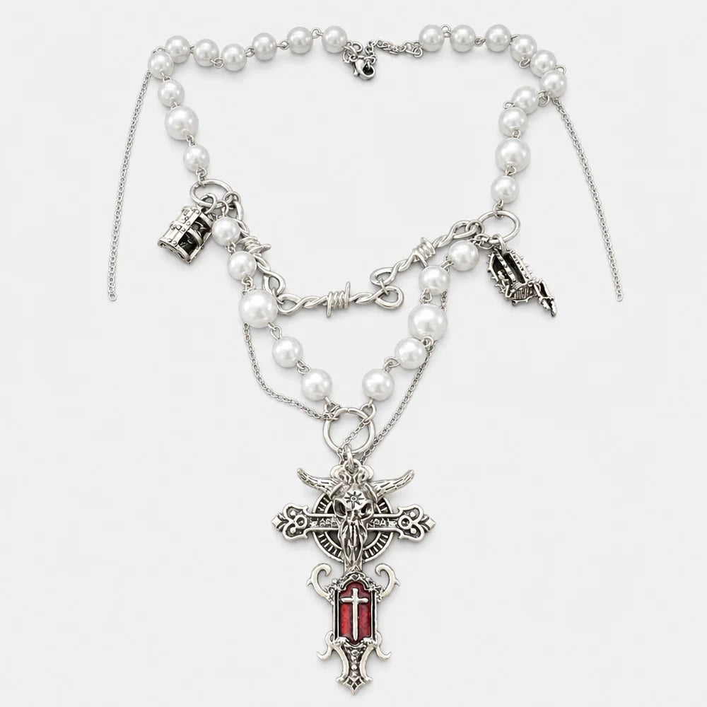 Pearl Chain Skull Angel Cross Necklace