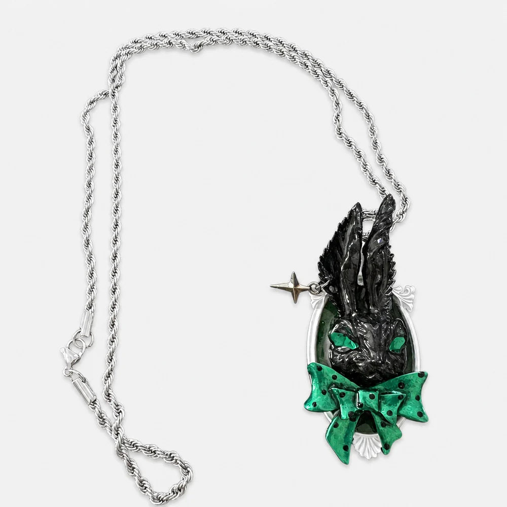Black Rabbit Green Bow Pendant Necklace