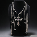 Handmade Gothic Multi Layer Cross Tassel Necklace, Vintage Silver Ornate Cross Pendant with Crystal, Punk Dark Alternative Jewelry