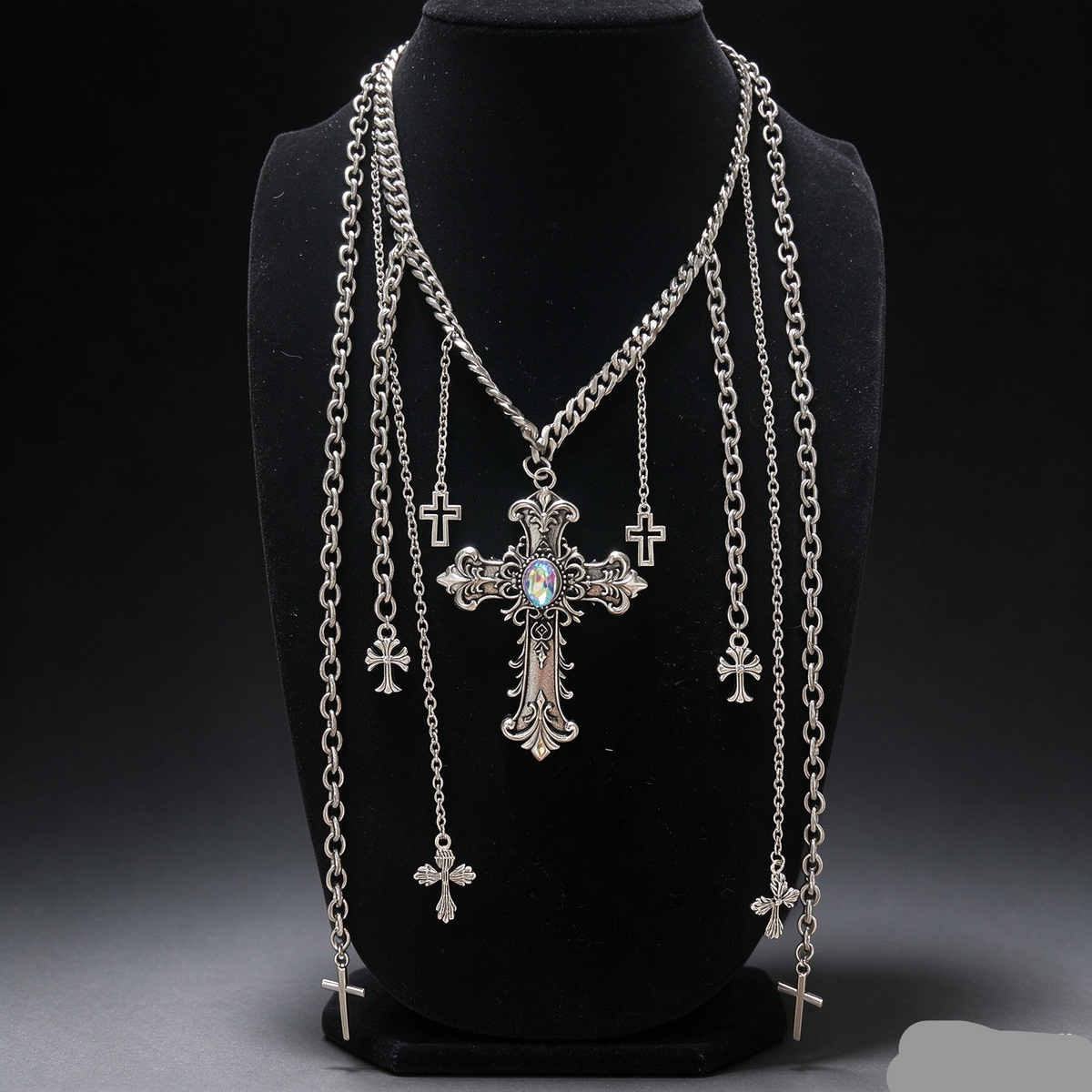 Handmade Gothic Multi Layer Cross Tassel Necklace, Vintage Silver Ornate Cross Pendant with Crystal, Punk Dark Alternative Jewelry