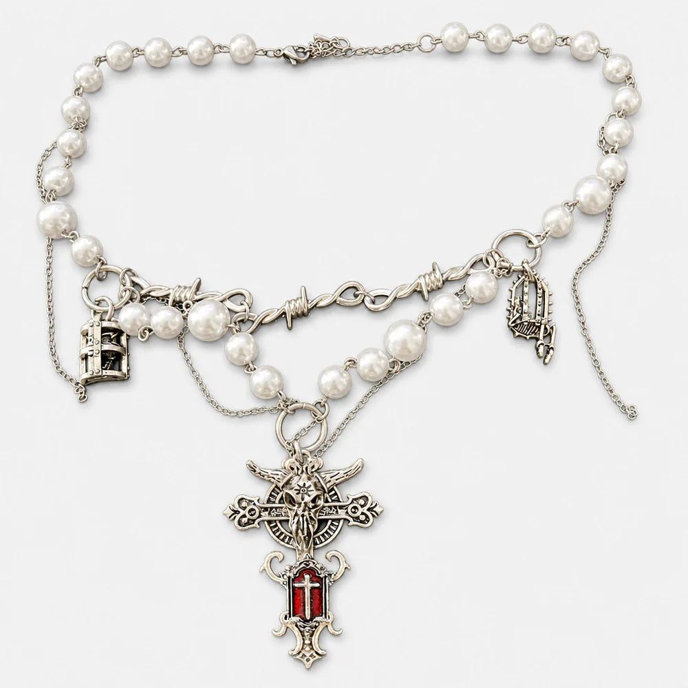 Pearl Chain Skull Angel Cross Necklace close detail