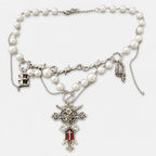 Pearl Chain Skull Angel Cross Necklace close detail
