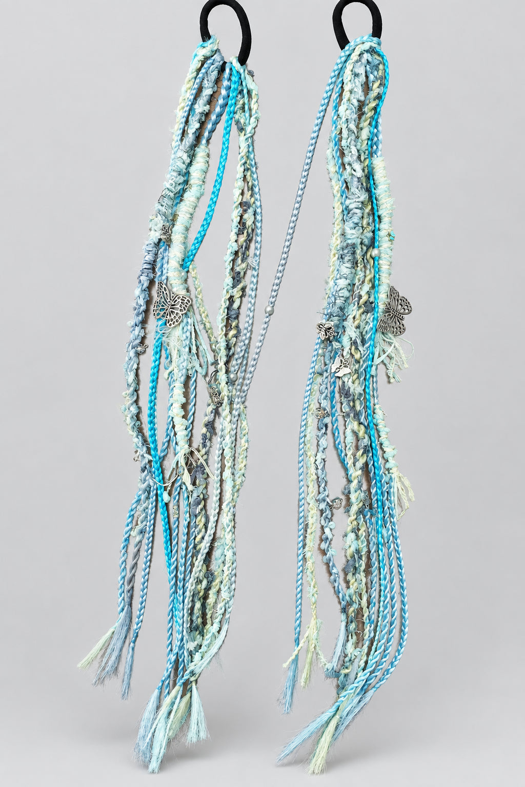 Handmade Blue Yarn Dreadlock Hair Tie, Boho Butterfly Charm Braided Hair Extensions, Festival Woven Dread Ponytail Hair Accessory