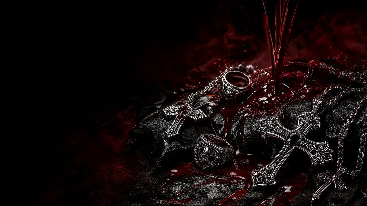 Blood-theme hero banner - high resolution JPEG, dripping blood over gothic silver jewelry